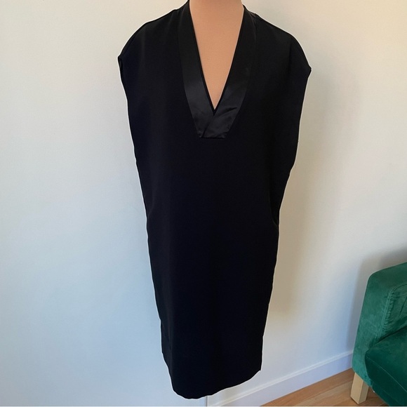 Vince Crepe Satin Trim Black Sleeveless High Low Shift Dress V3108-50564 EUC XS - Picture 3 of 11